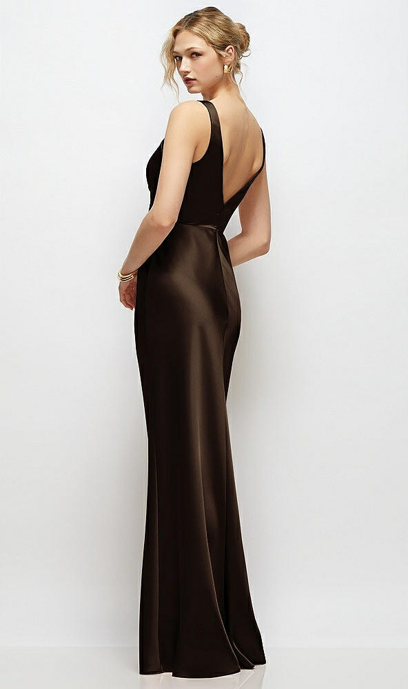 Back View - Espresso Sleeveless V-Neck Stretch Satin Bias Slip Maxi Dress