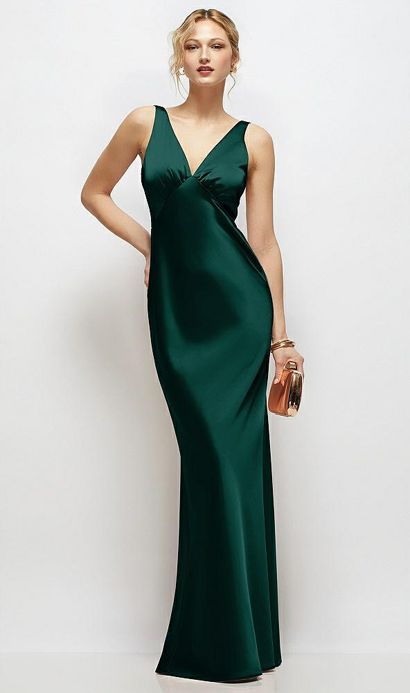 Front View - Evergreen Sleeveless V-Neck Stretch Satin Bias Slip Maxi Dress