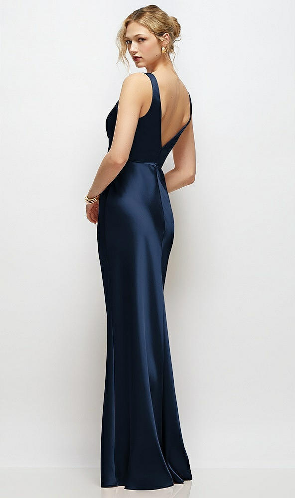 Back View - Midnight Navy Sleeveless V-Neck Stretch Satin Bias Slip Maxi Dress