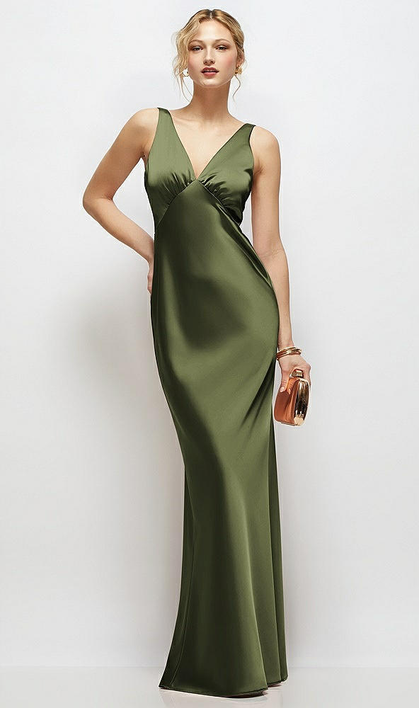 Front View - Olive Green Sleeveless V-Neck Stretch Satin Bias Slip Maxi Dress