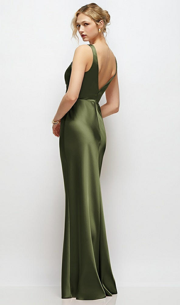 Back View - Olive Green Sleeveless V-Neck Stretch Satin Bias Slip Maxi Dress