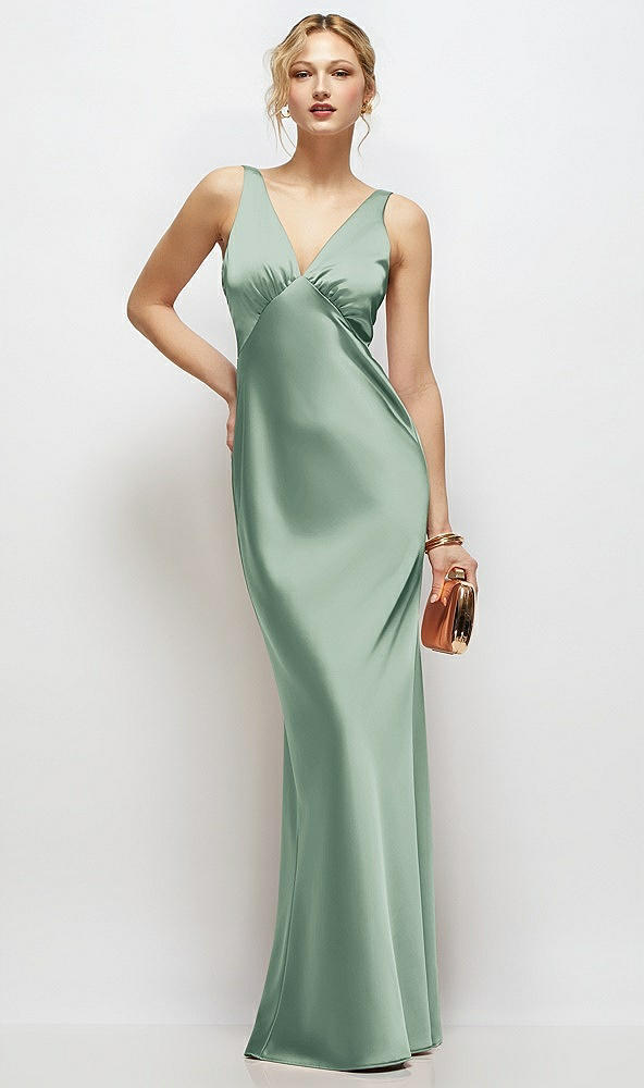 Front View - Seagrass Sleeveless V-Neck Stretch Satin Bias Slip Maxi Dress