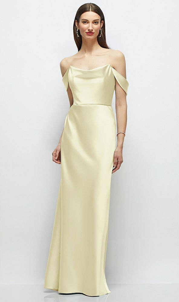 Front View - Butter Yellow Basque-Neck A-Line Stretch Satin Maxi Dress with Off-the-Shoulder Drape