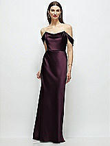 Front View Thumbnail - Deep Plum Basque-Neck A-Line Stretch Satin Maxi Dress with Off-the-Shoulder Drape