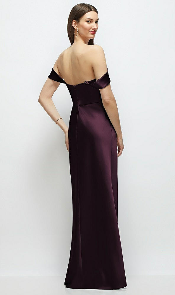 Back View - Deep Plum Basque-Neck A-Line Stretch Satin Maxi Dress with Off-the-Shoulder Drape