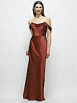 Front View Thumbnail - Auburn Moon Basque-Neck A-Line Stretch Satin Maxi Dress with Off-the-Shoulder Drape
