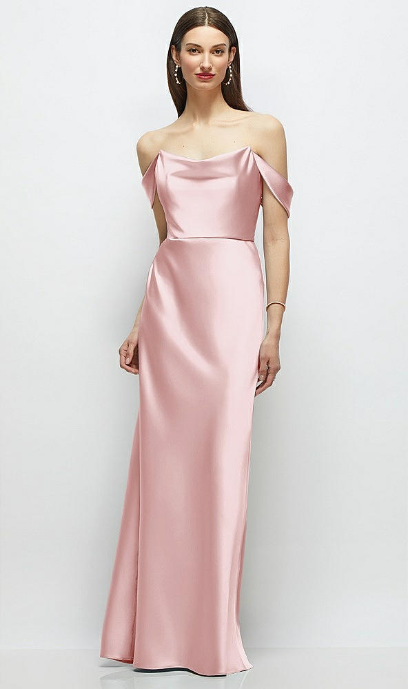 Front View - Ballet Pink Basque-Neck A-Line Stretch Satin Maxi Dress with Off-the-Shoulder Drape