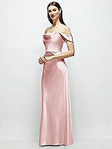Side View Thumbnail - Ballet Pink Basque-Neck A-Line Stretch Satin Maxi Dress with Off-the-Shoulder Drape