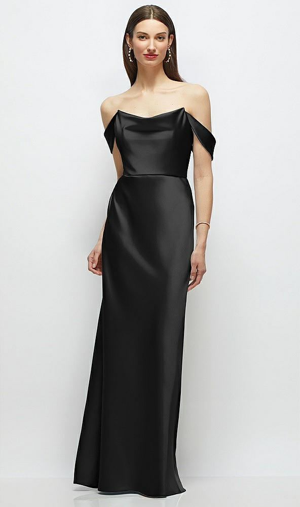 Front View - Black Basque-Neck A-Line Stretch Satin Maxi Dress with Off-the-Shoulder Drape