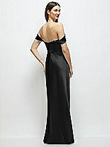 Rear View Thumbnail - Black Basque-Neck A-Line Stretch Satin Maxi Dress with Off-the-Shoulder Drape