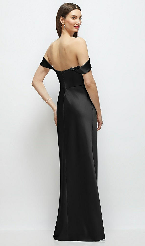 Back View - Black Basque-Neck A-Line Stretch Satin Maxi Dress with Off-the-Shoulder Drape