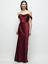Front View Thumbnail - Cabernet Basque-Neck A-Line Stretch Satin Maxi Dress with Off-the-Shoulder Drape