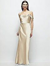 Front View Thumbnail - Champagne Basque-Neck A-Line Stretch Satin Maxi Dress with Off-the-Shoulder Drape