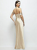 Rear View Thumbnail - Champagne Basque-Neck A-Line Stretch Satin Maxi Dress with Off-the-Shoulder Drape