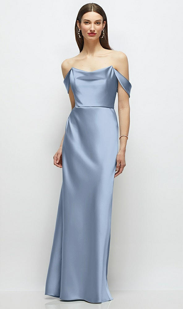 Front View - Cloudy Basque-Neck A-Line Stretch Satin Maxi Dress with Off-the-Shoulder Drape