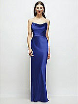 Alt View 1 Thumbnail - Cobalt Blue Basque-Neck A-Line Stretch Satin Maxi Dress with Off-the-Shoulder Drape