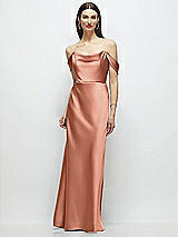 Front View Thumbnail - Copper Penny Basque-Neck A-Line Stretch Satin Maxi Dress with Off-the-Shoulder Drape