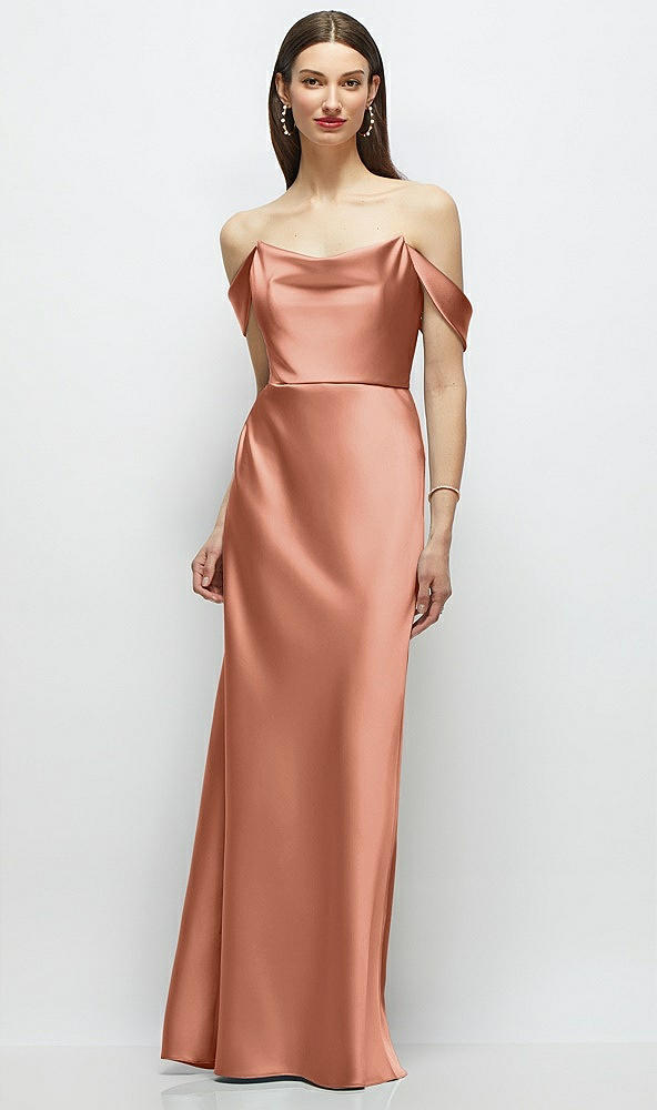 Front View - Copper Penny Basque-Neck A-Line Stretch Satin Maxi Dress with Off-the-Shoulder Drape