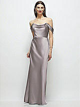 Front View Thumbnail - Cashmere Gray Basque-Neck A-Line Stretch Satin Maxi Dress with Off-the-Shoulder Drape