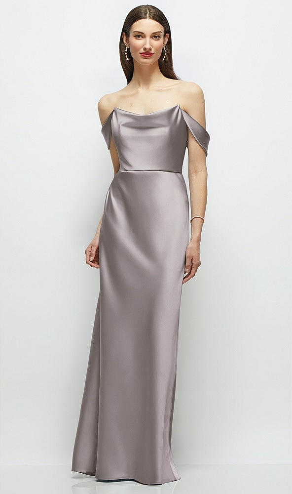 Front View - Cashmere Gray Basque-Neck A-Line Stretch Satin Maxi Dress with Off-the-Shoulder Drape