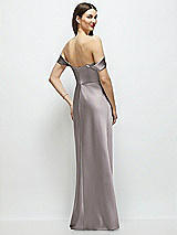 Rear View Thumbnail - Cashmere Gray Basque-Neck A-Line Stretch Satin Maxi Dress with Off-the-Shoulder Drape