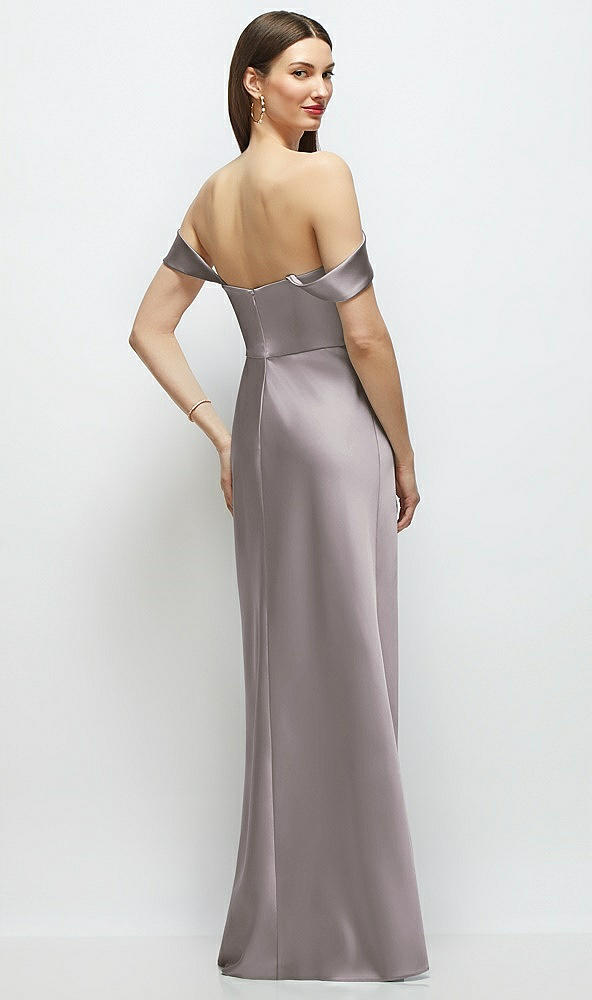 Back View - Cashmere Gray Basque-Neck A-Line Stretch Satin Maxi Dress with Off-the-Shoulder Drape