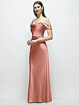 Side View Thumbnail - Desert Rose Basque-Neck A-Line Stretch Satin Maxi Dress with Off-the-Shoulder Drape