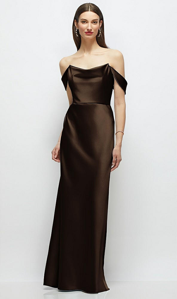 Front View - Espresso Basque-Neck A-Line Stretch Satin Maxi Dress with Off-the-Shoulder Drape