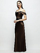 Side View Thumbnail - Espresso Basque-Neck A-Line Stretch Satin Maxi Dress with Off-the-Shoulder Drape