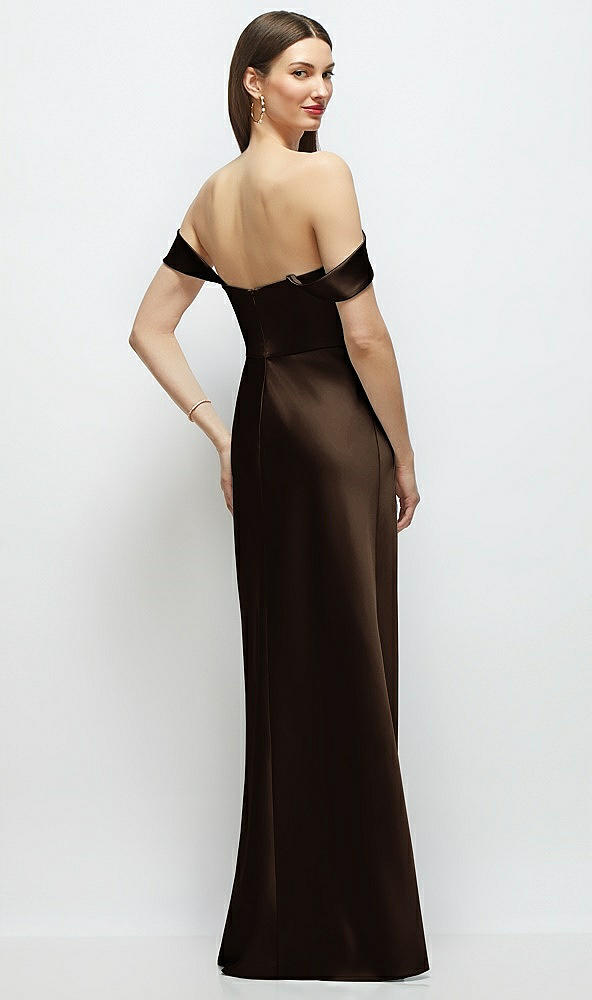 Back View - Espresso Basque-Neck A-Line Stretch Satin Maxi Dress with Off-the-Shoulder Drape