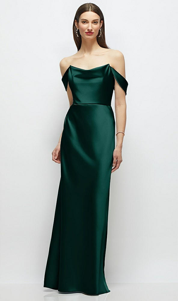 Front View - Evergreen Basque-Neck A-Line Stretch Satin Maxi Dress with Off-the-Shoulder Drape