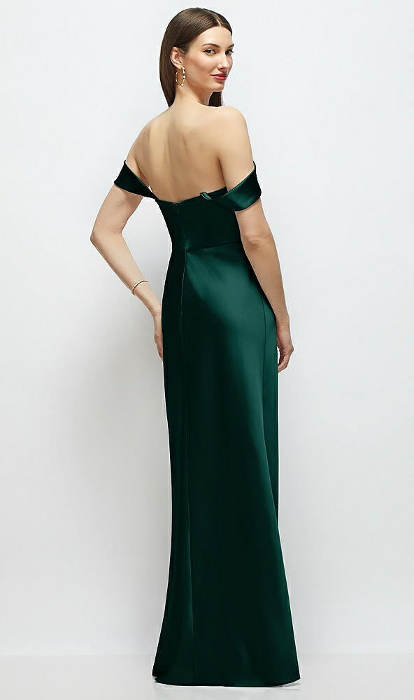 Back View - Evergreen Basque-Neck A-Line Stretch Satin Maxi Dress with Off-the-Shoulder Drape