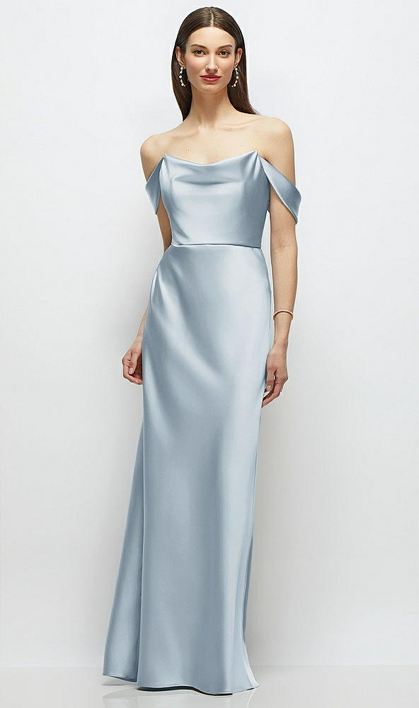 Front View - Mist Basque-Neck A-Line Stretch Satin Maxi Dress with Off-the-Shoulder Drape