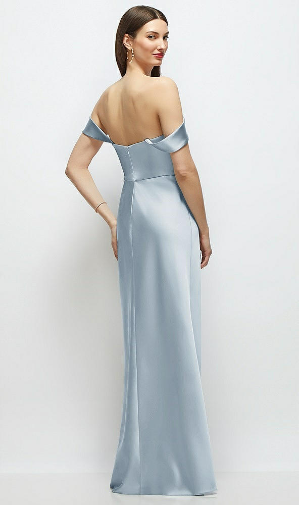 Back View - Mist Basque-Neck A-Line Stretch Satin Maxi Dress with Off-the-Shoulder Drape