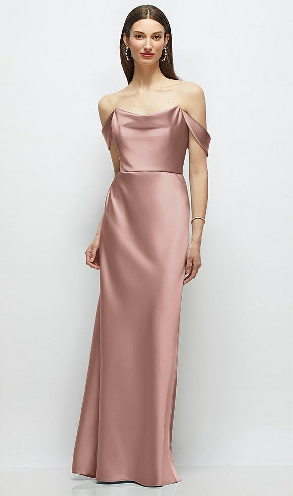 Front View - Neu Nude Basque-Neck A-Line Stretch Satin Maxi Dress with Off-the-Shoulder Drape