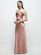 Side View Thumbnail - Neu Nude Basque-Neck A-Line Stretch Satin Maxi Dress with Off-the-Shoulder Drape
