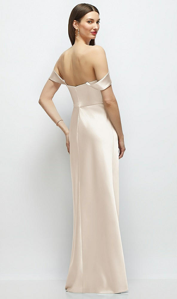 Back View - Oat Basque-Neck A-Line Stretch Satin Maxi Dress with Off-the-Shoulder Drape
