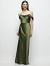 Front View Thumbnail - Olive Green Basque-Neck A-Line Stretch Satin Maxi Dress with Off-the-Shoulder Drape