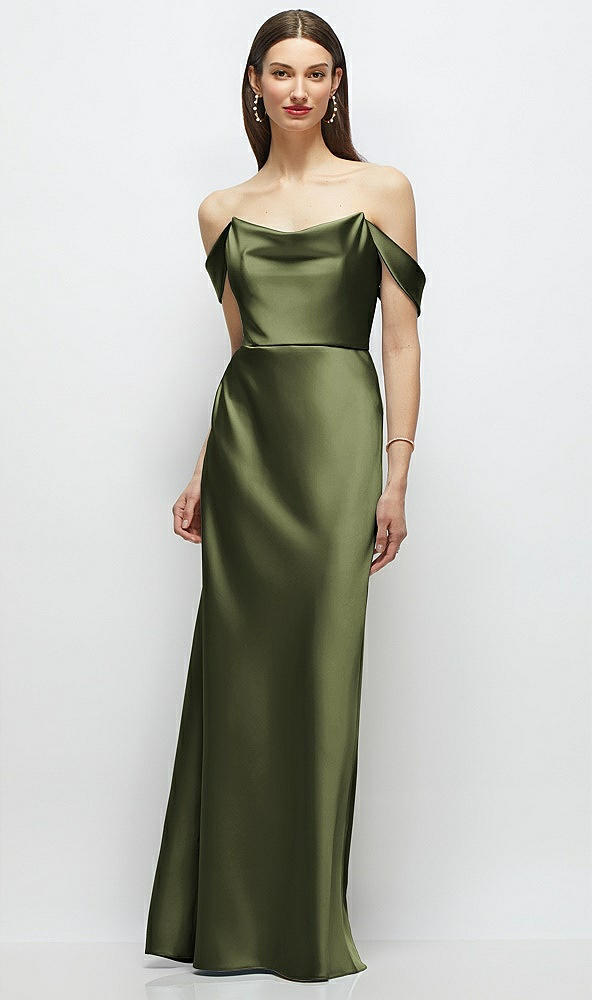 Front View - Olive Green Basque-Neck A-Line Stretch Satin Maxi Dress with Off-the-Shoulder Drape