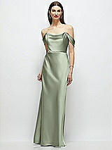 Front View Thumbnail - Sage Basque-Neck A-Line Stretch Satin Maxi Dress with Off-the-Shoulder Drape