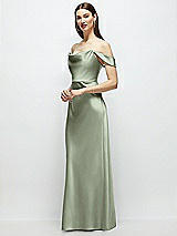 Side View Thumbnail - Sage Basque-Neck A-Line Stretch Satin Maxi Dress with Off-the-Shoulder Drape