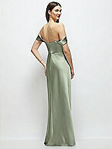 Rear View Thumbnail - Sage Basque-Neck A-Line Stretch Satin Maxi Dress with Off-the-Shoulder Drape