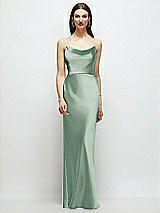 Alt View 1 Thumbnail - Seagrass Basque-Neck A-Line Stretch Satin Maxi Dress with Off-the-Shoulder Drape