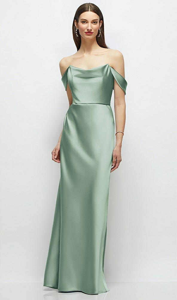 Front View - Seagrass Basque-Neck A-Line Stretch Satin Maxi Dress with Off-the-Shoulder Drape