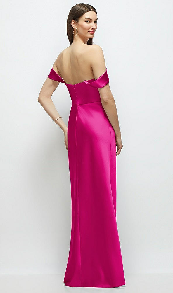 Back View - Think Pink Basque-Neck A-Line Stretch Satin Maxi Dress with Off-the-Shoulder Drape