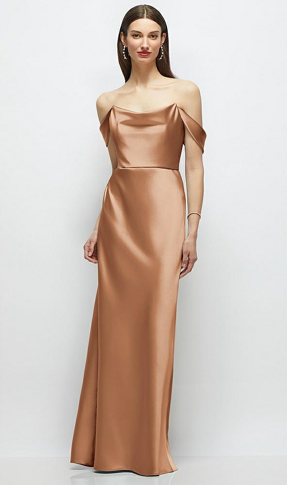 Front View - Toffee Basque-Neck A-Line Stretch Satin Maxi Dress with Off-the-Shoulder Drape