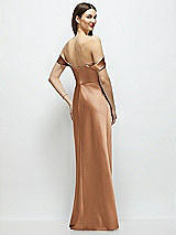 Rear View Thumbnail - Toffee Basque-Neck A-Line Stretch Satin Maxi Dress with Off-the-Shoulder Drape