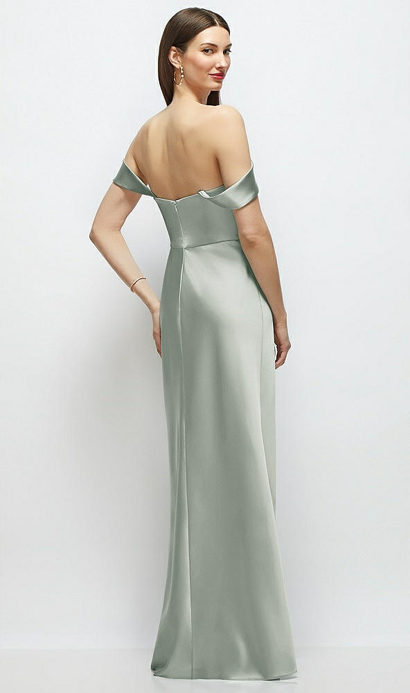 Back View - Willow Green Basque-Neck A-Line Stretch Satin Maxi Dress with Off-the-Shoulder Drape