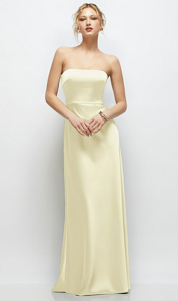 Front View - Butter Yellow Strapless A-Line Stretch Satin Maxi Dress