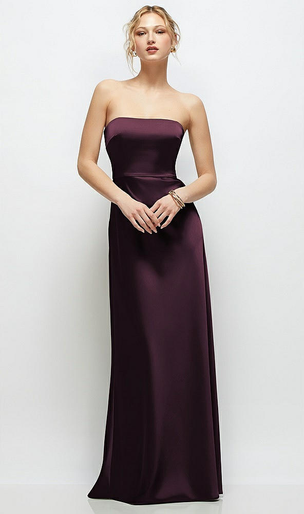 Front View - Deep Plum Strapless A-Line Stretch Satin Maxi Dress